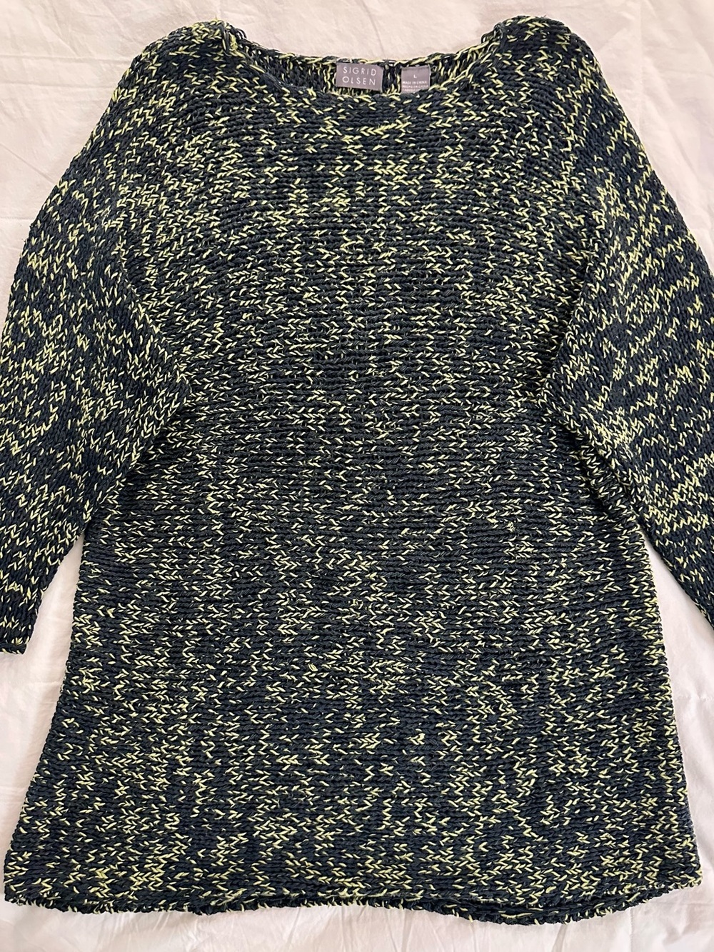 Sigrid Olsen Navy and Lime Green Hand Knitted Marled Boatneck Tunic Sweater